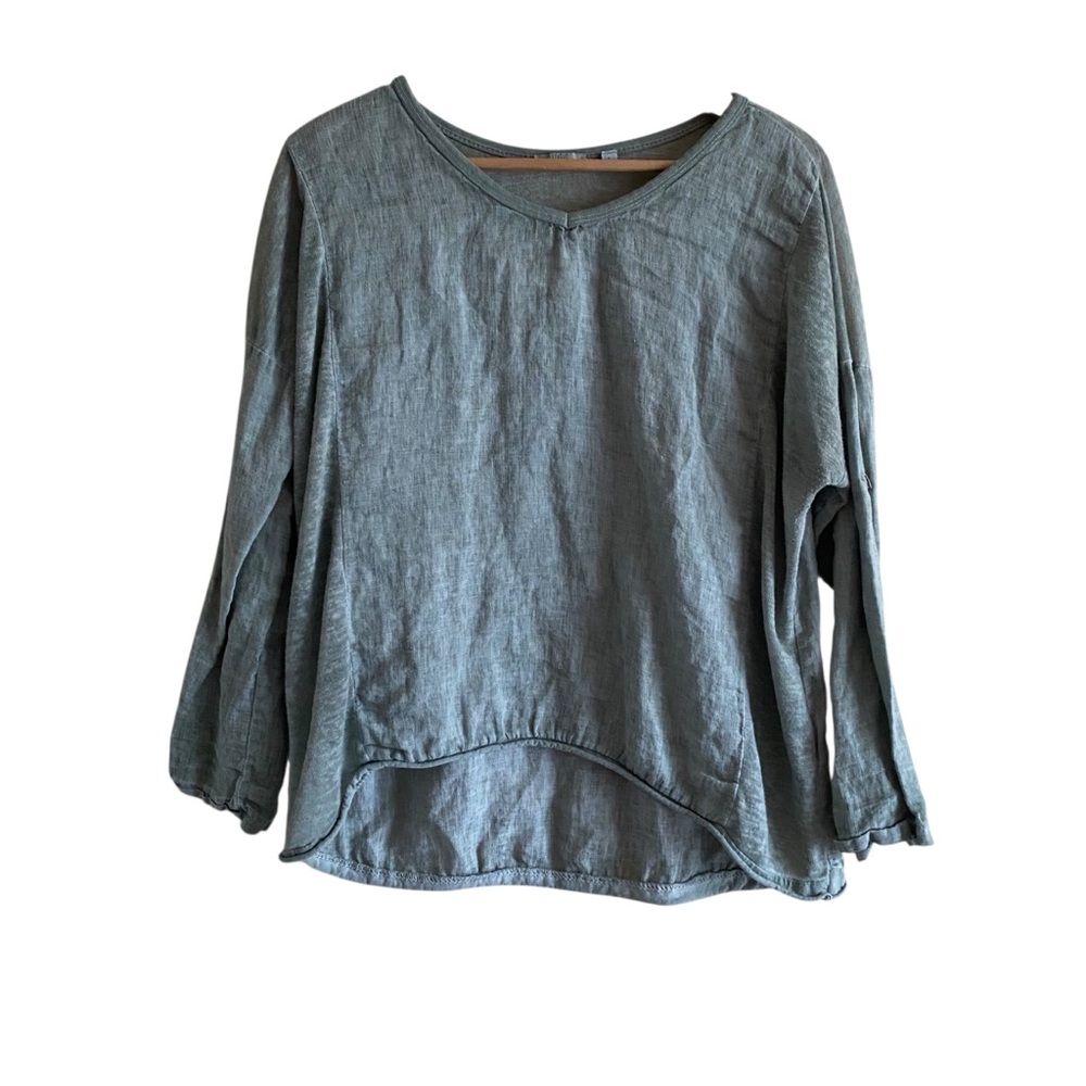 Kaktus Italy Linen Tunic Woman Large Green V Neck Roll Tab 3/4 Sleeves Lagenlook